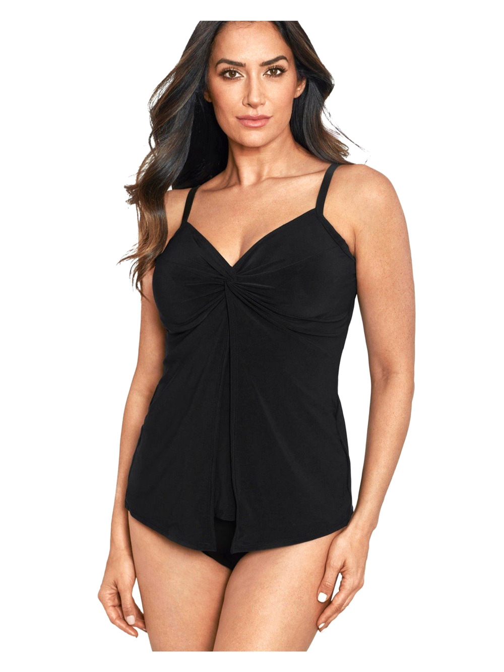 Miraclesuit Sz 16 Black Love Knot Tankini Swim Top Flyaway Underwire Support